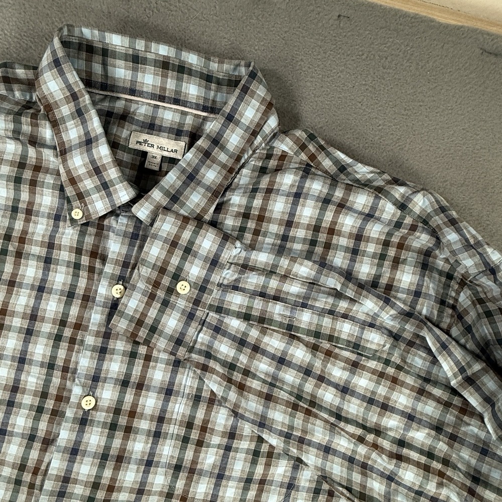Peter Millar Mens 3XL Blue Brown Plaid Woven Long Sleeve Button Down Shirt
